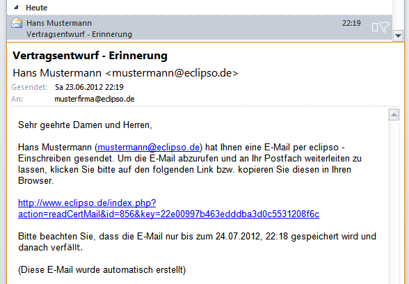 E-Mail Einschreiben - Empfang im E-Mailclient - Bestätigungslink E-Mailclient - Bestätigungslink