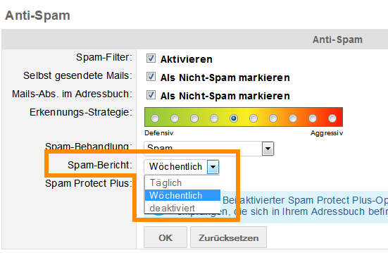 Spam-Bericht Einstellungen