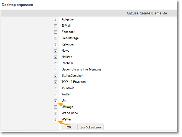 Desktop anpassen Widget Auswahl