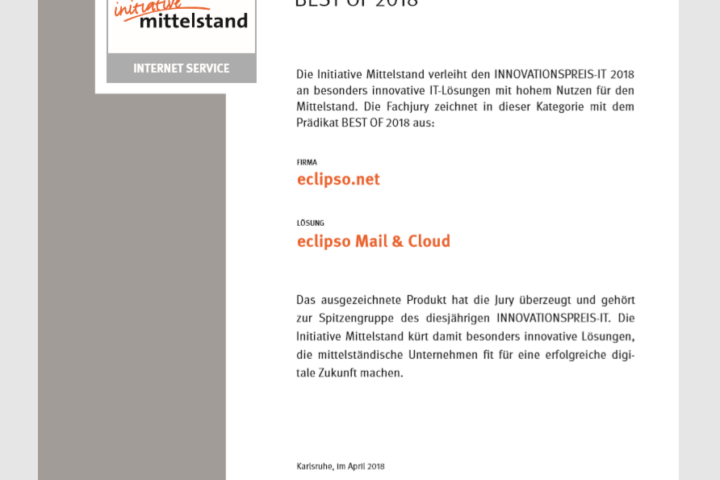 eclipso mit dem BEST OF des Innovationspreis-IT 2018 ausgezeichnet