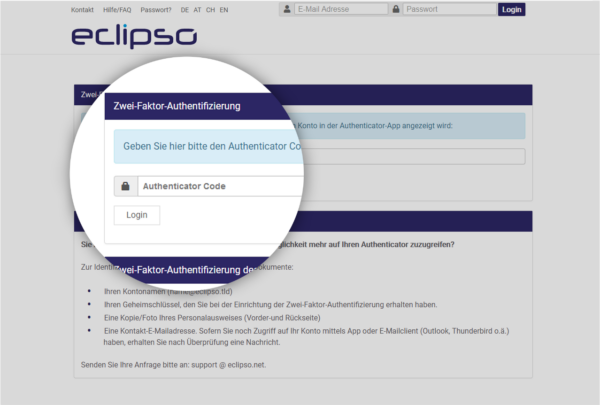  Ist die Zwei-Faktor-Authentifizierung aktiviert, muss beim Login nicht nur das Passwort, sondern auch ein zusätzlicher, 6-stelliger Bestätigungscode, der in einer Authenticator-App angezeigt wird, angegeben werden.